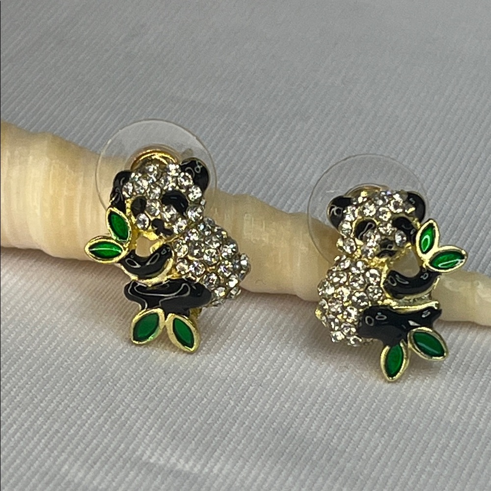 GOLD RHINESTONE STUD EARRINGS PANDA BEAR